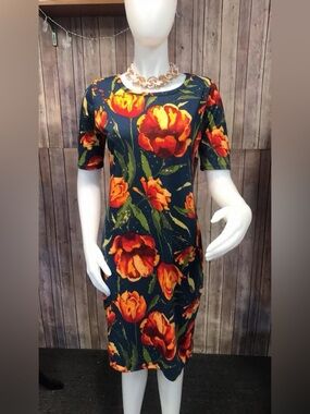 LuLaRoe Navy Midi Dress with Red and Orange Floral Print